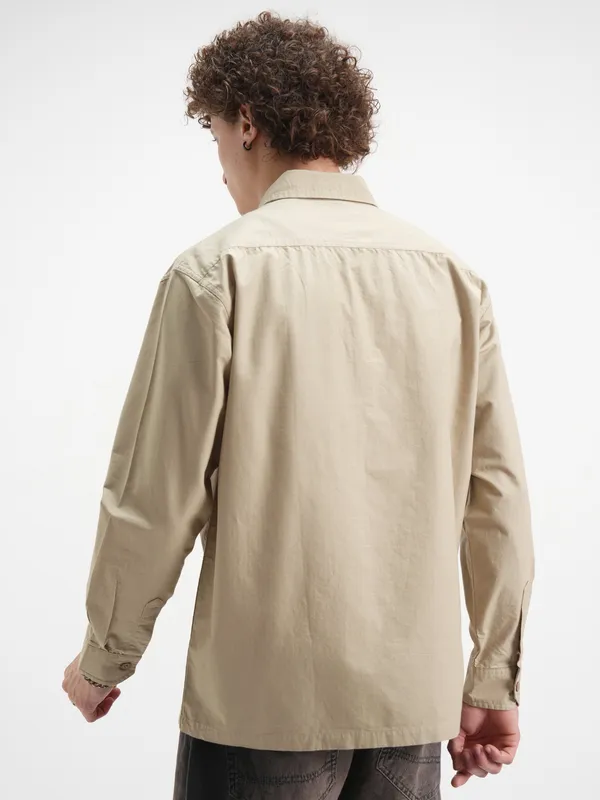 Highlander Men Beige Self Design Oversized Fit Casual Shirt