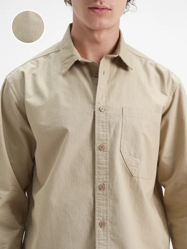 Highlander Men Beige Self Design Oversized Fit Casual Shirt