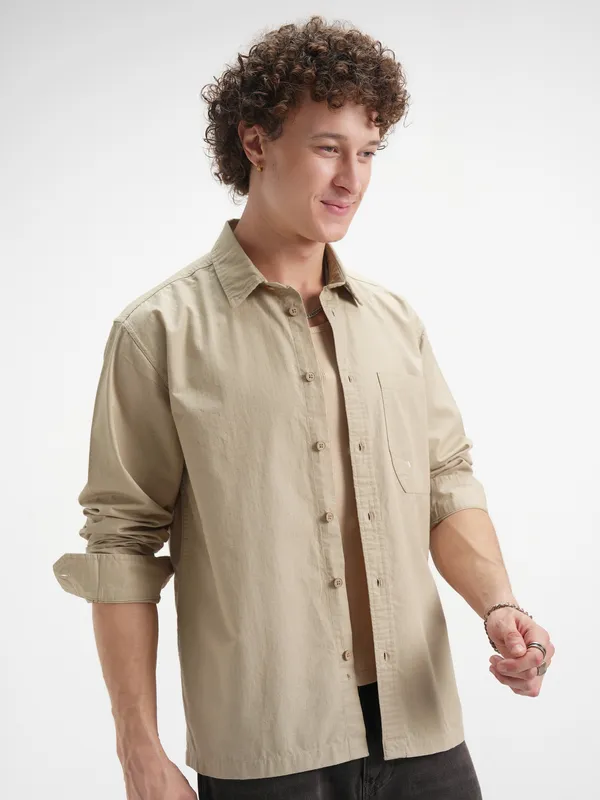 Highlander Men Beige Self Design Oversized Fit Casual Shirt