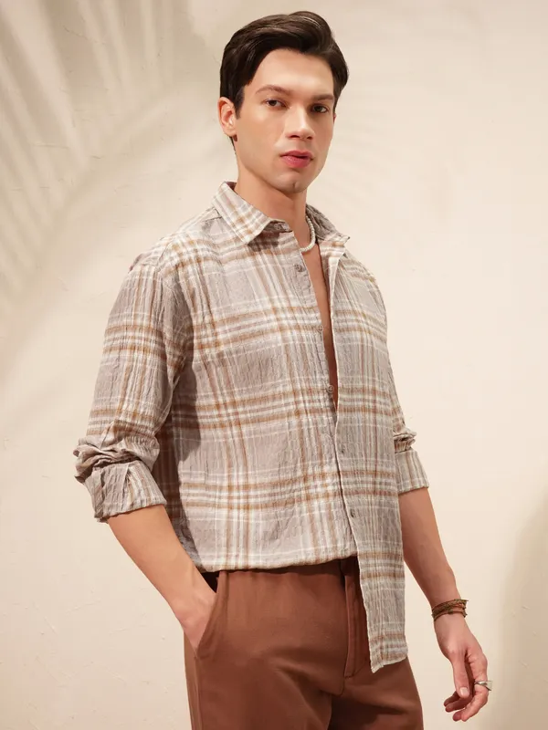 Highlander Men Tan Checked Relaxed Fit Casual Shirt