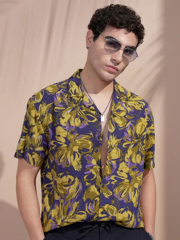 Highlander Men Navy Blue Printed Relaxed Fit Casual Shirt