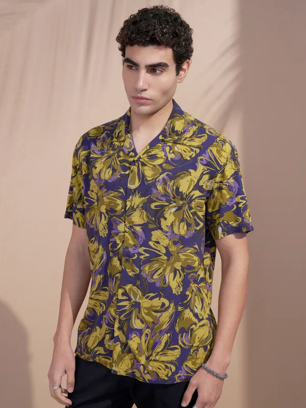 Highlander Men Navy Blue Printed Relaxed Fit Casual Shirt