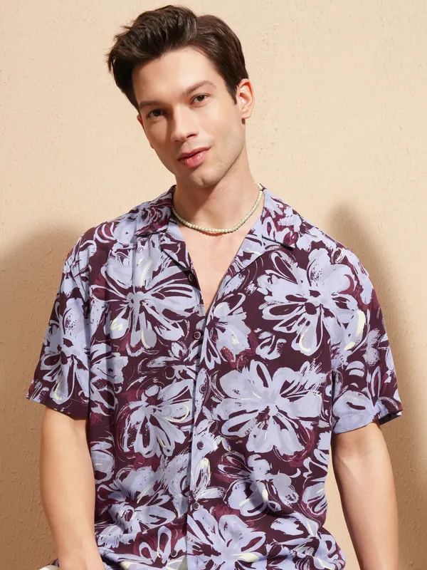 Highlander Men Burgundy Printed Relaxed Fit Casual Shirt