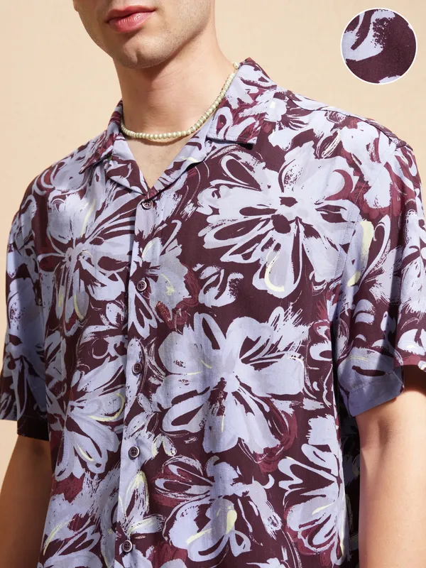 Highlander Men Burgundy Printed Relaxed Fit Casual Shirt