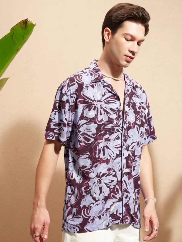 Highlander Men Burgundy Printed Relaxed Fit Casual Shirt