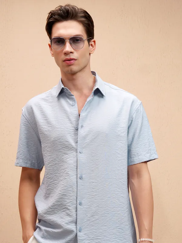 Highlander Men Blue Self Design Relaxed Fit Casual Shirt