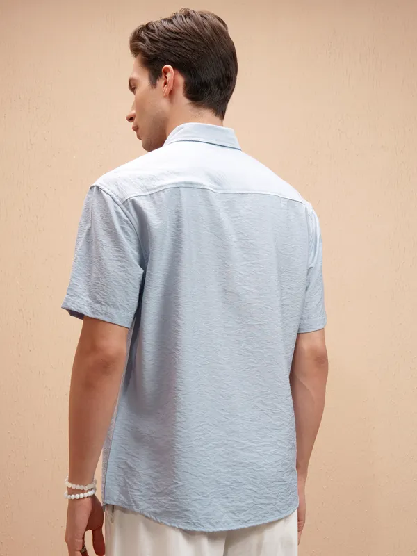 Highlander Men Blue Self Design Relaxed Fit Casual Shirt