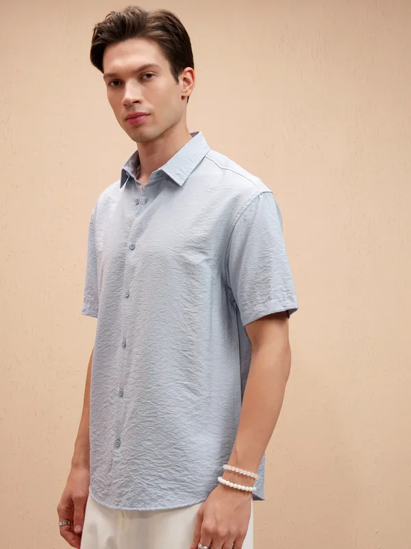 Highlander Men Blue Self Design Relaxed Fit Casual Shirt