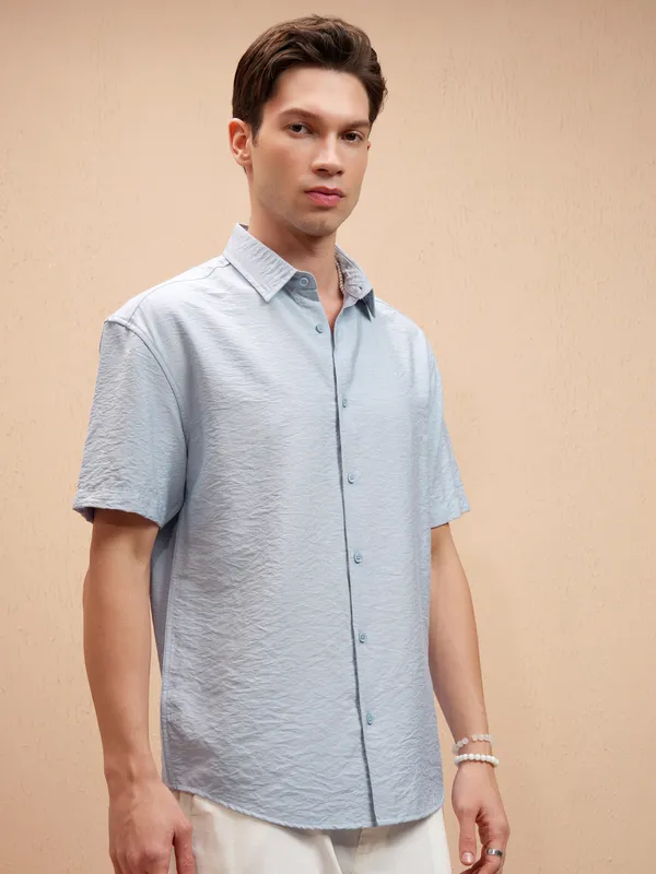 Highlander Men Blue Self Design Relaxed Fit Casual Shirt