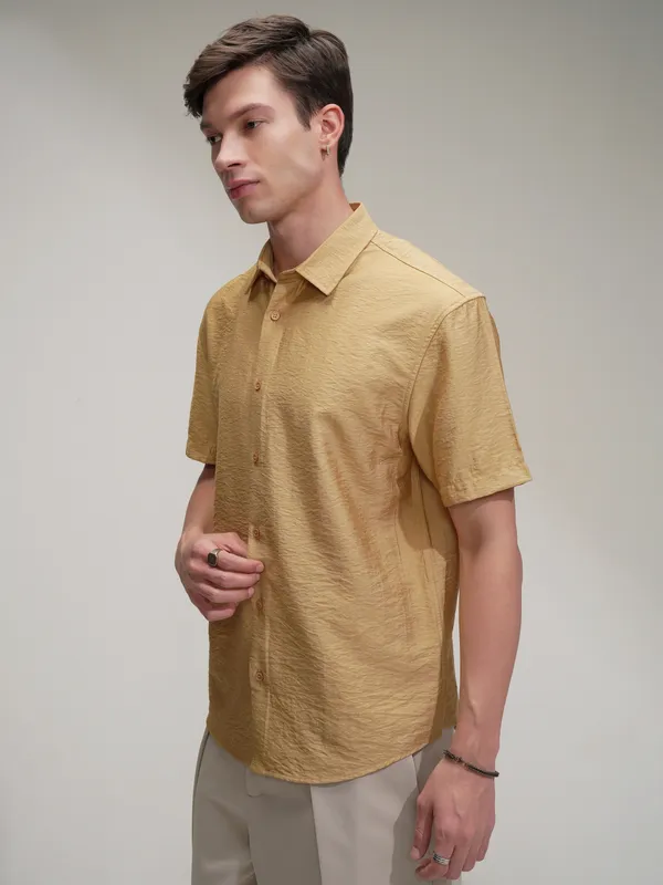 Highlander Men Mustard Self Design Relaxed Fit Casual Shirt