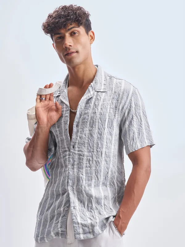 Highlander Men Grey Striped Relaxed Fit Casual Shirt