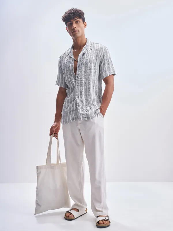 Highlander Men Grey Striped Relaxed Fit Casual Shirt