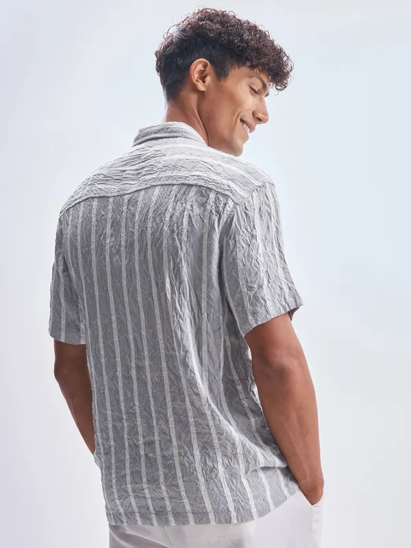 Highlander Men Grey Striped Relaxed Fit Casual Shirt