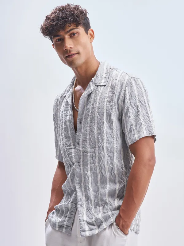 Highlander Men Grey Striped Relaxed Fit Casual Shirt