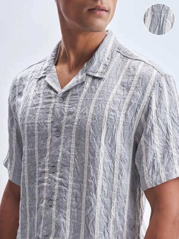 Highlander Men Grey Striped Relaxed Fit Casual Shirt