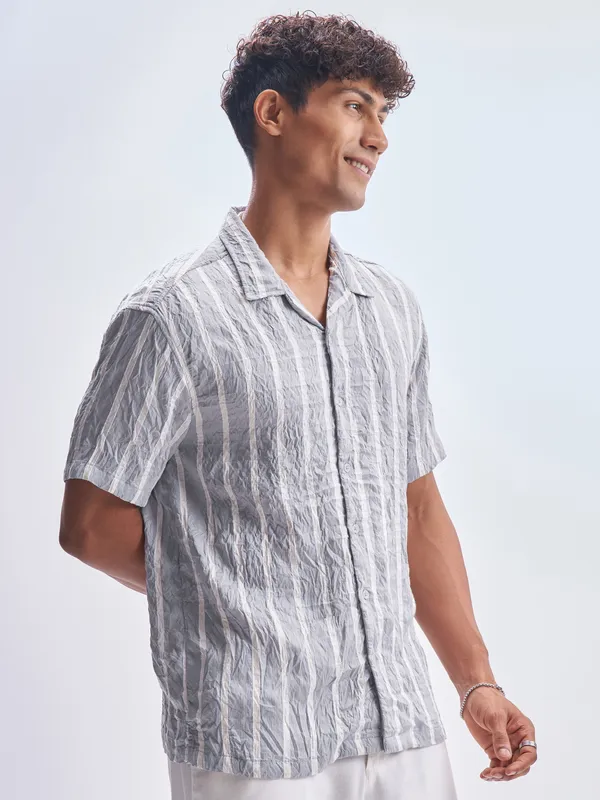 Highlander Men Grey Striped Relaxed Fit Casual Shirt
