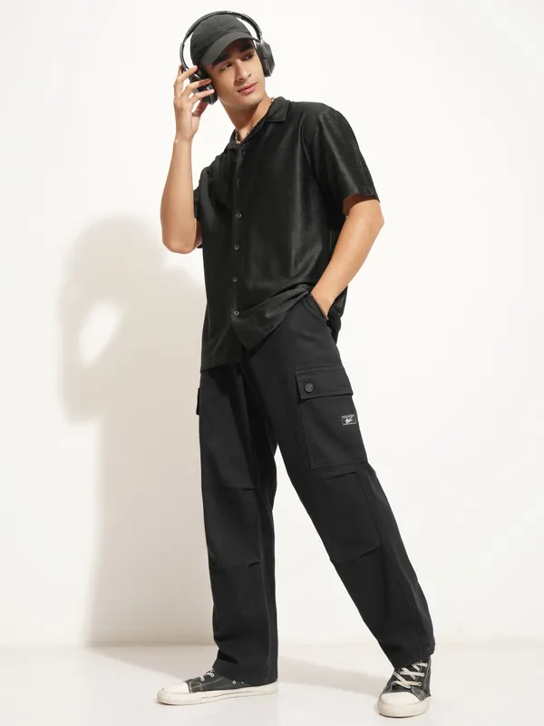 Highlander Men Black Self Design Oversized Fit Casual Shirt