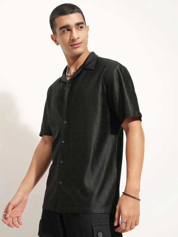 Highlander Men Black Self Design Oversized Fit Casual Shirt