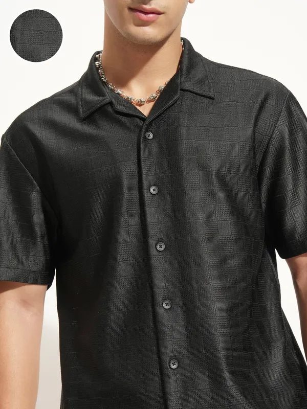 Highlander Men Black Self Design Oversized Fit Casual Shirt