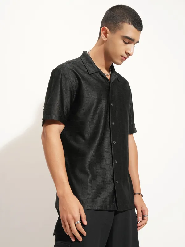 Highlander Men Black Self Design Oversized Fit Casual Shirt