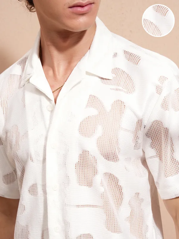 Highlander Men White Self Design Relaxed Fit Casual Shirt