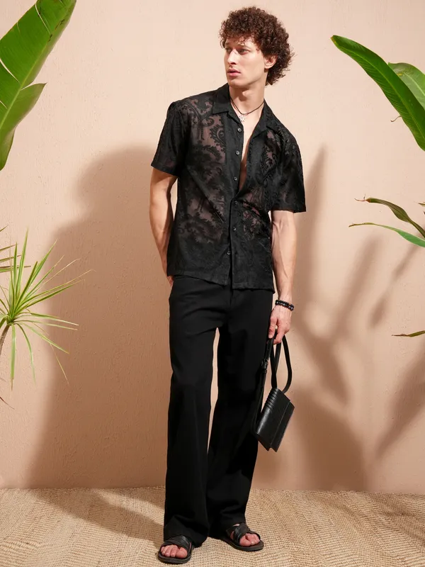 Highlander Men Black Self Design Relaxed Fit Casual Shirt