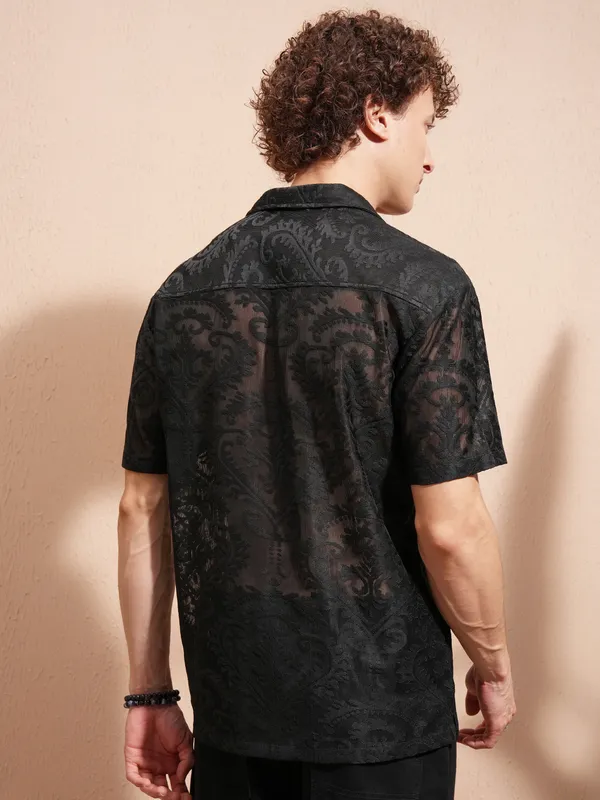 Highlander Men Black Self Design Relaxed Fit Casual Shirt