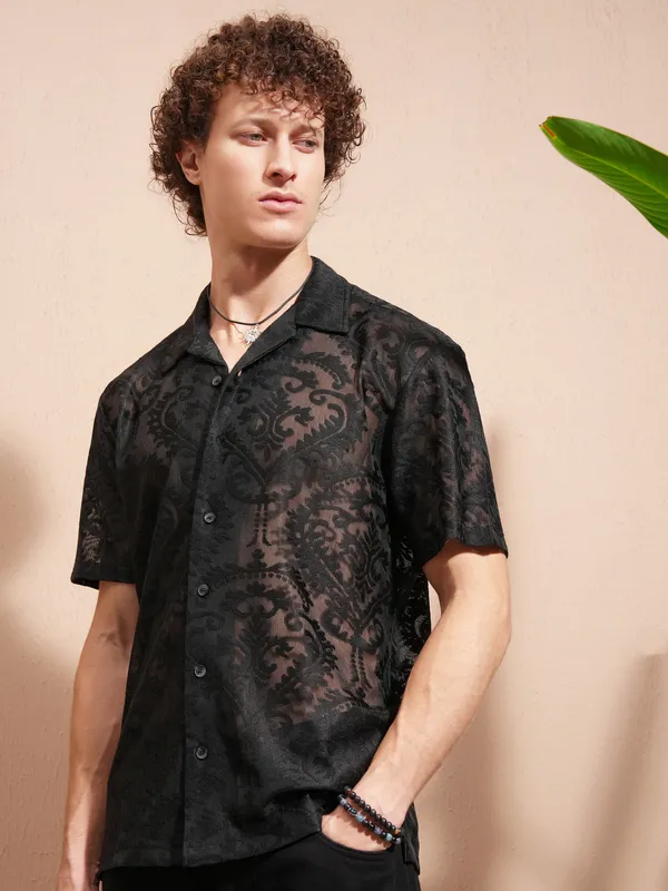 Highlander Men Black Self Design Relaxed Fit Casual Shirt