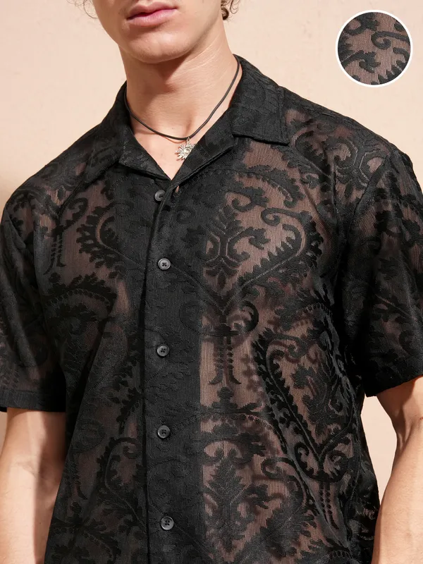 Highlander Men Black Self Design Relaxed Fit Casual Shirt