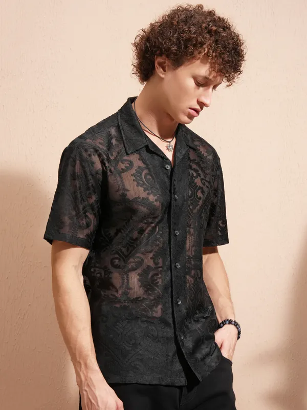 Highlander Men Black Self Design Relaxed Fit Casual Shirt