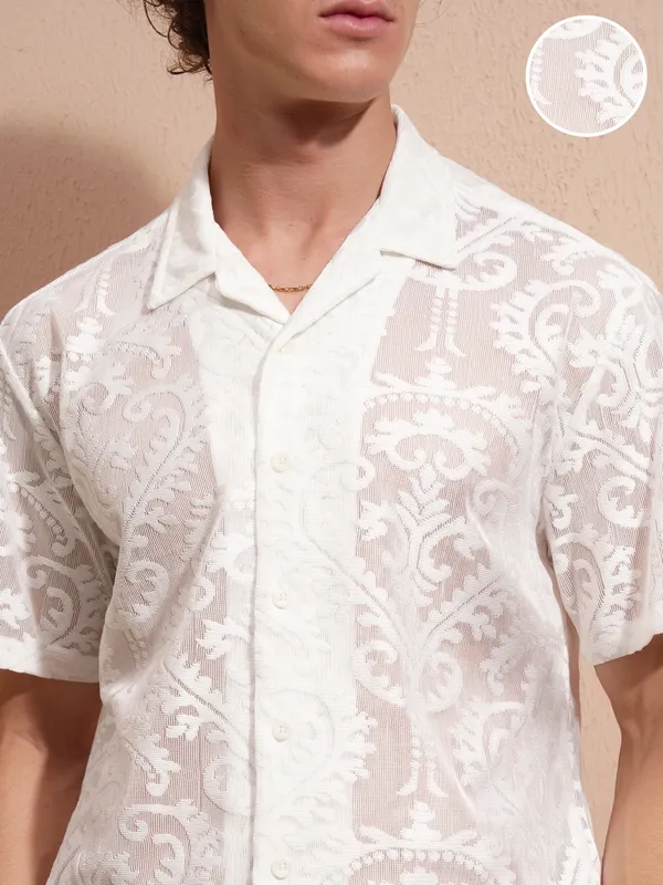 Highlander Men White Self Design Relaxed Fit Casual Shirt