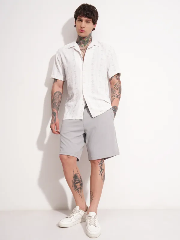 Highlander Men White Self Design Relaxed Fit Casual Shirt