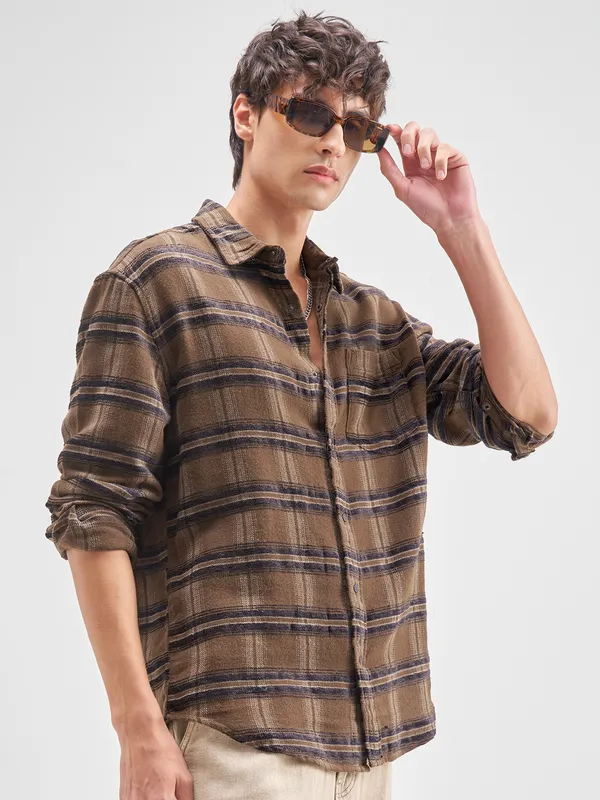 Highlander Men Brown Checked Relaxed Fit Casual Shirt
