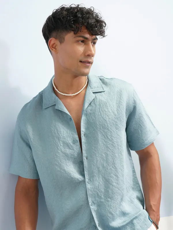 Highlander Men Blue Self Design Relaxed Fit Casual Shirt