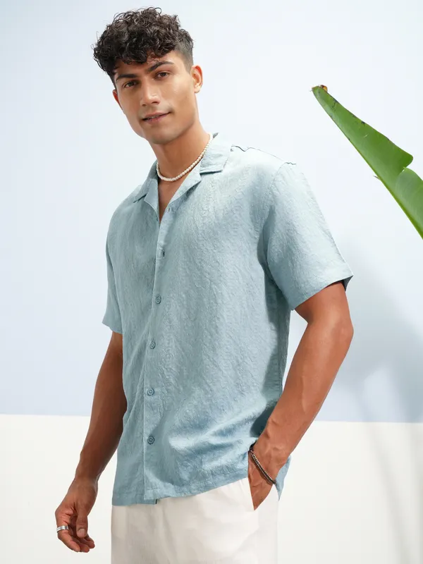 Highlander Men Blue Self Design Relaxed Fit Casual Shirt