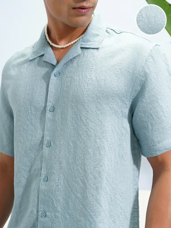 Highlander Men Blue Self Design Relaxed Fit Casual Shirt