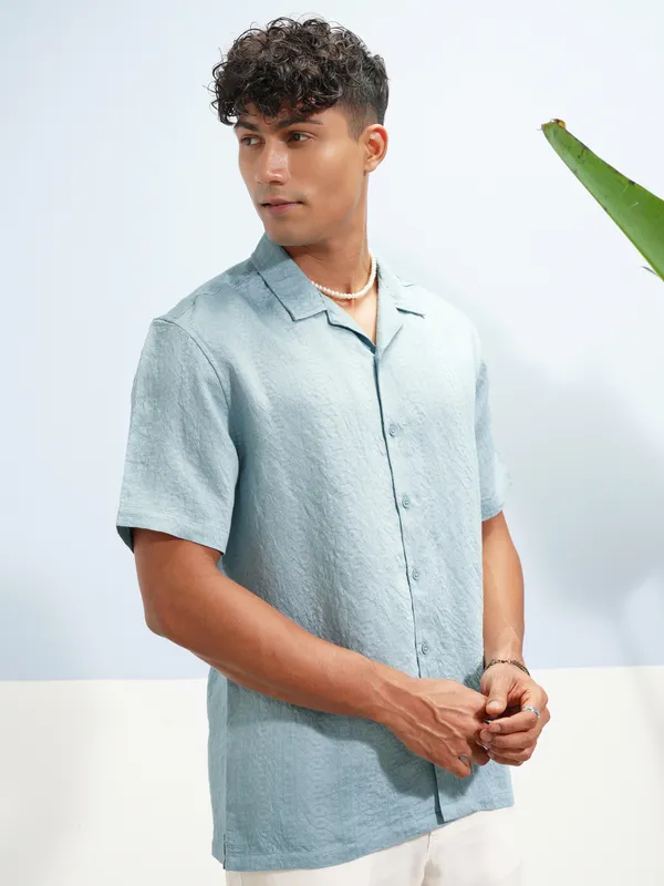 Highlander Men Blue Self Design Relaxed Fit Casual Shirt