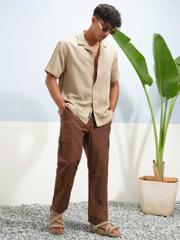 Highlander Men Khaki Self Design Relaxed Fit Casual Shirt