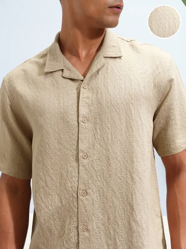 Highlander Men Khaki Self Design Relaxed Fit Casual Shirt
