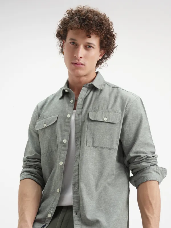 Highlander Men Olive Self Design Relaxed Fit Casual Shirt