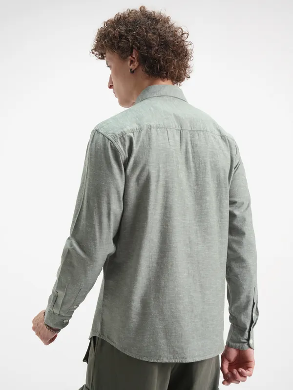 Highlander Men Olive Self Design Relaxed Fit Casual Shirt