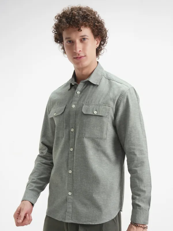 Highlander Men Olive Self Design Relaxed Fit Casual Shirt