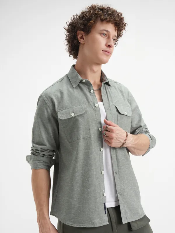 Highlander Men Olive Self Design Relaxed Fit Casual Shirt