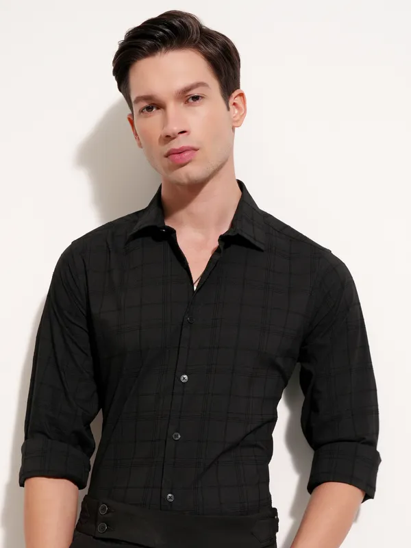 Highlander Men Black Self Design Slim Fit Casual Shirt