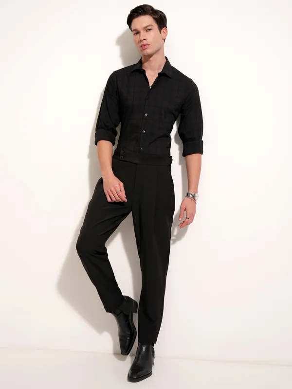 Highlander Men Black Self Design Slim Fit Casual Shirt