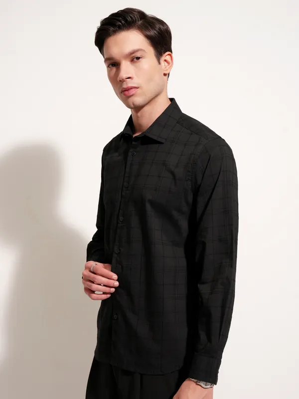 Highlander Men Black Self Design Slim Fit Casual Shirt