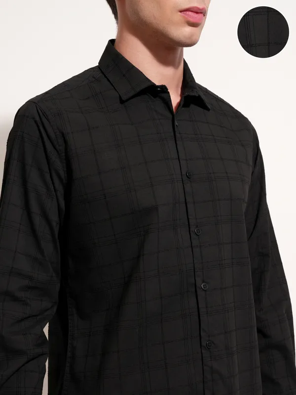 Highlander Men Black Self Design Slim Fit Casual Shirt