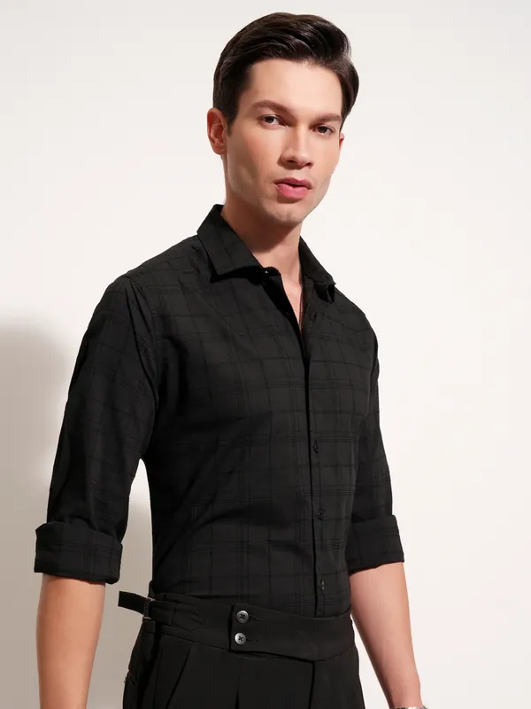 Highlander Men Black Self Design Slim Fit Casual Shirt