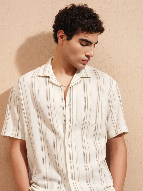Highlander Men Cream Striped Relaxed Fit Casual Shirt