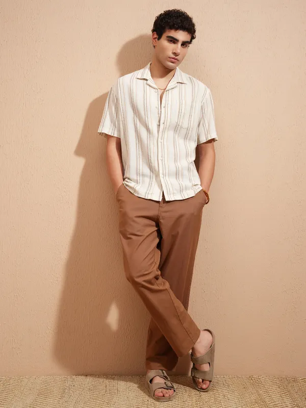 Highlander Men Cream Striped Relaxed Fit Casual Shirt